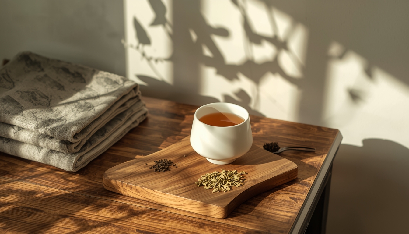 Herbal tea setup with soft shadows on a wooden table beside folded textiles